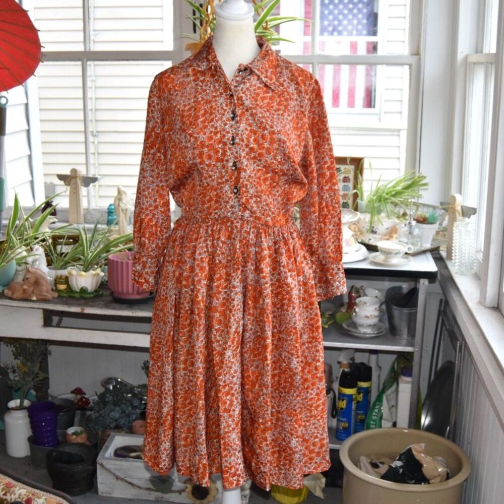 Vintage 60s 70s Orange Rose Floral Shirtwaist Dress Rhinestone Buttons Small